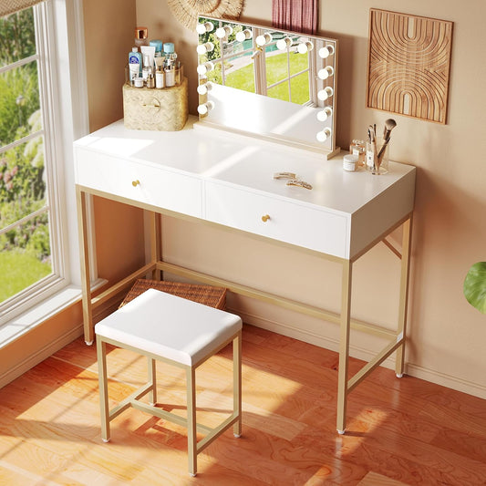 35.4" White and Gold Desk with 2 Drawers, Modern Makeup Vanity with Padded Stool, Small Computer Desk Home Office Desk for Writing Study Bedroom
