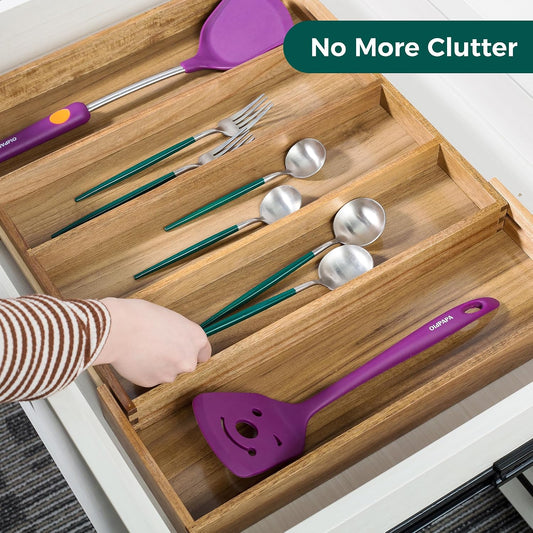 Acacia Kitchen Drawer Organizer Expandable, Large Utensils and Cutlery Tray, Adjustable Silverware Divider for Knives Flatware