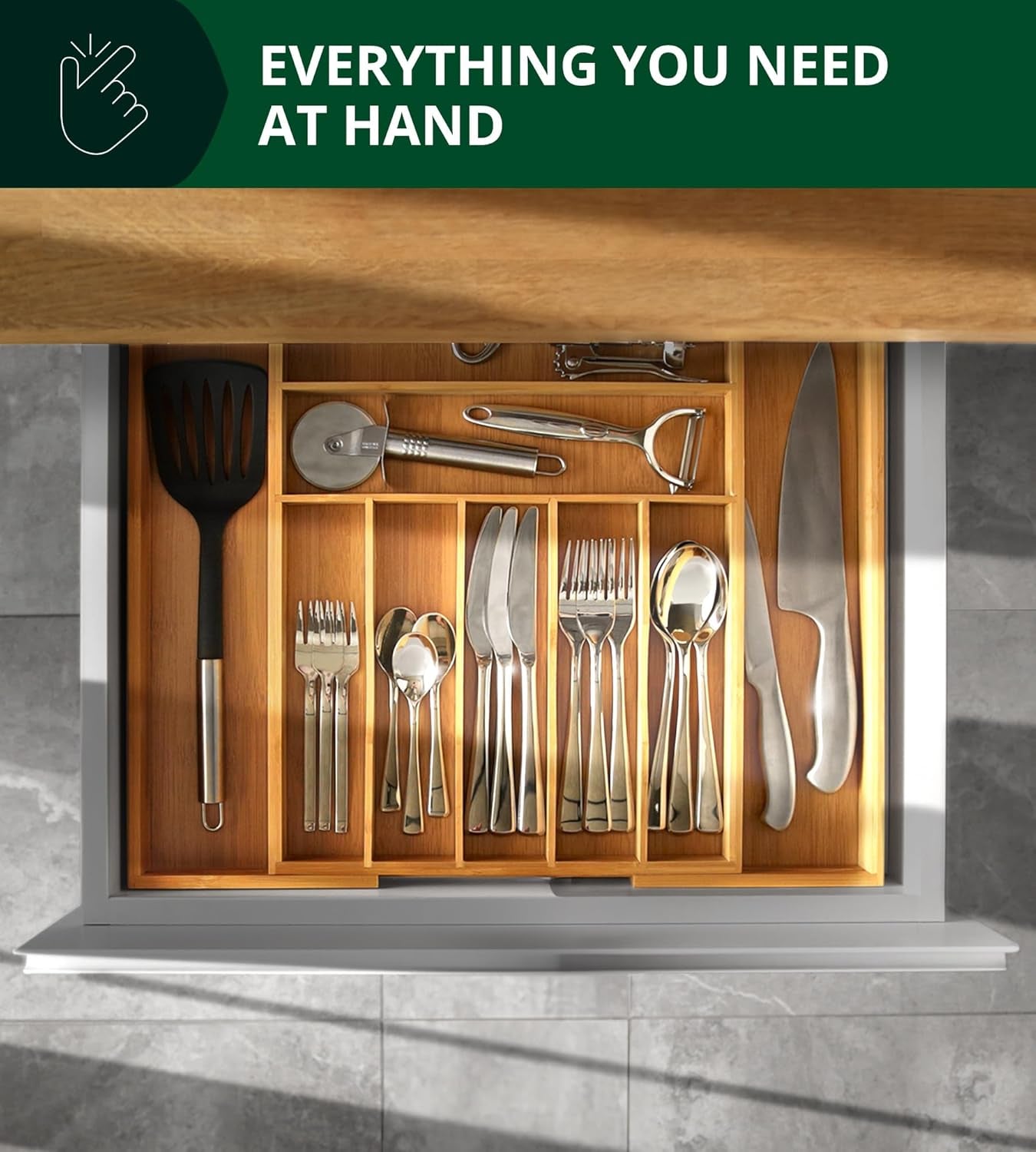 Luxury Bamboo Kitchen Drawer Organizer - Silverware Organizer, Utensil Holder & Cutlery Tray Drawer Dividers for Flatware (9 Slot, Natural)