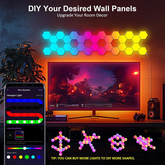 Hexagon LED Light Panels 8 Pack β RGB Wall Decor Lights with Music Sync, App & Remote β Modular Home & Christmas Decor for Bedroom, Living Room, and Room Decor