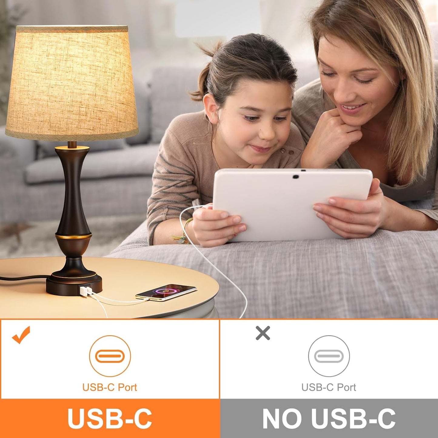 Upgraded Touch Lamps for Night Stands Set of 2 - Bedside Lamps with USB C+A, 3 Way Dimmable for Bedroom Living Room End Tables Office | Touch Control, Dimmable, USB C+A Charging Ports, LED Bulb Included, Corded, Bedside Lamp, Bedroom Lamp, Living Room Office