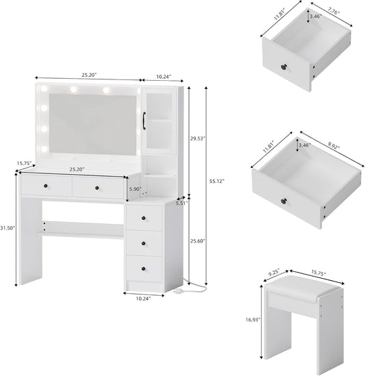 Makeup Vanity with Lights & Charging Station, White Vanity Table with 5 Drawers & Open Storage Shelves, Vanity Desk with Mirror & Lights, Dressing Table Set, Bedroom Makeup Table Set Black Handle
