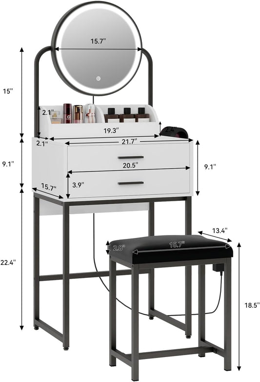 Small Vanity with Lighted Mirror& Drawers Mini Vanity for Bedroom | 3 Color Dimming Mirror, Compact Makeup Set with Table Storage, White Modern Dressing Table with Chair, 2 Drawers