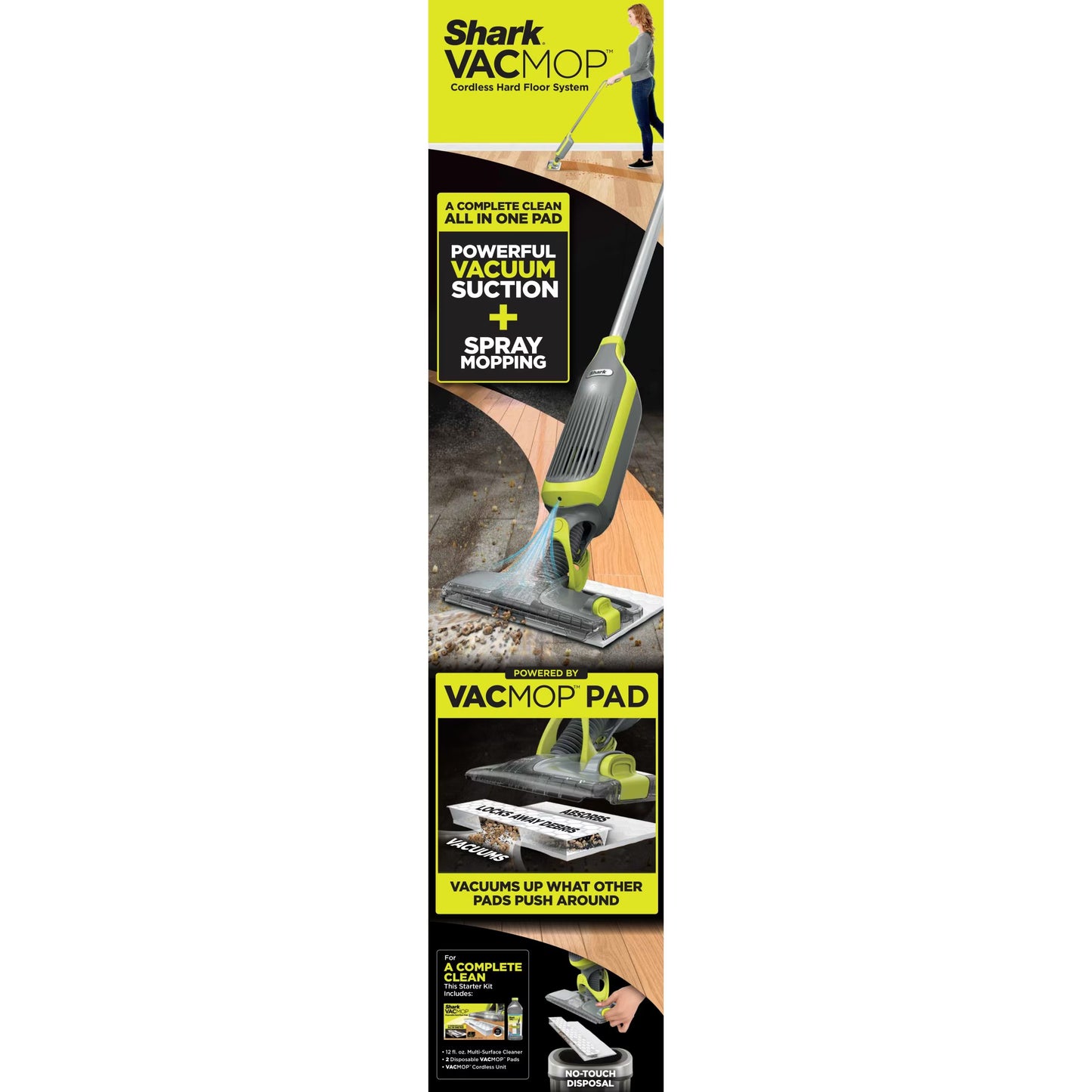 VACMOP Cordless Hard Floor Vacuum Mop, for Tile, Vinyl, Laminate, Wood, with (4) Disposable VACMOP Pads, 12-Oz Multi-Surface Cleaner, VM200