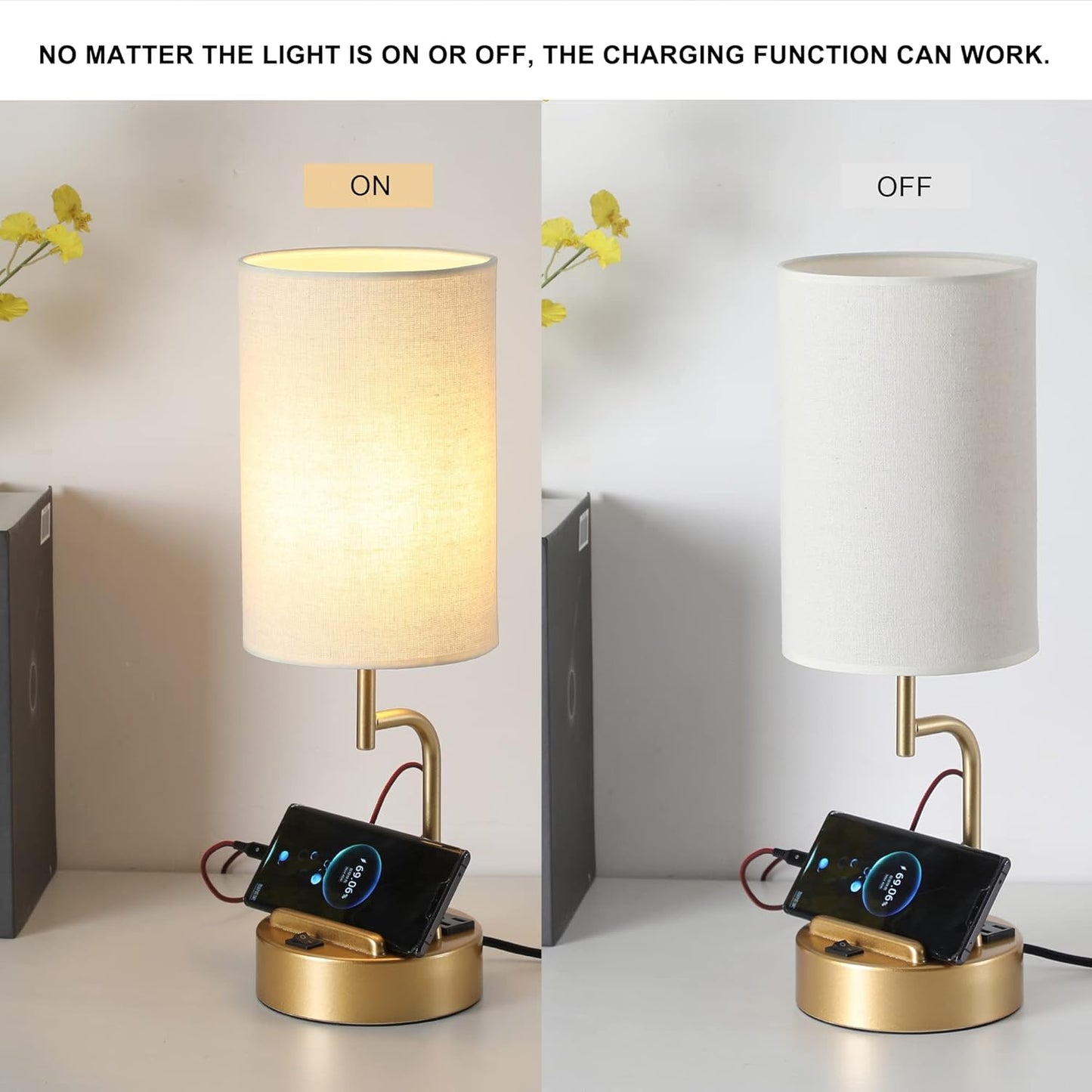 Table Lamp with 3 USB Charging Ports, Modern Desk Lamp with AC Outlet and Phone Stands, Perfect Bedside Lamp for Bedroom, Living Room, Office (Pack of 2), Gold
