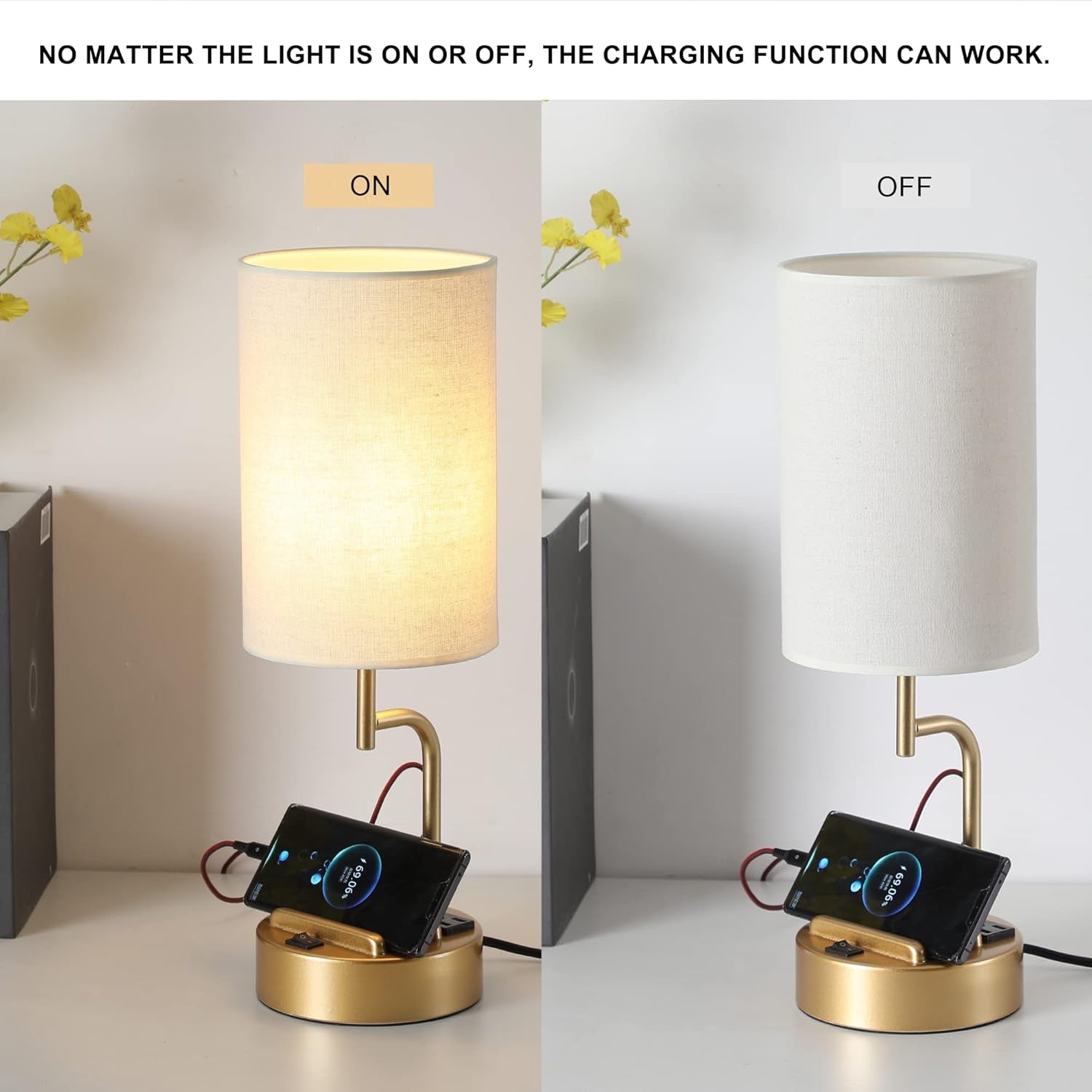 Table Lamp with 3 USB Charging Ports, Modern Desk Lamp with AC Outlet and Phone Stands, Perfect Bedside Lamp for Bedroom, Living Room, Office (Pack of 2), Gold