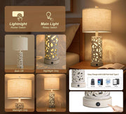 22'' Farmhouse Table Lamp for Living Room, Bedside Lamp with 2 USB Ports for Bedroom, Rustic Nightstand Lamp with Linen Lampshade for Office Hallway Home Decor, Distressed Grey (Bulb Included)