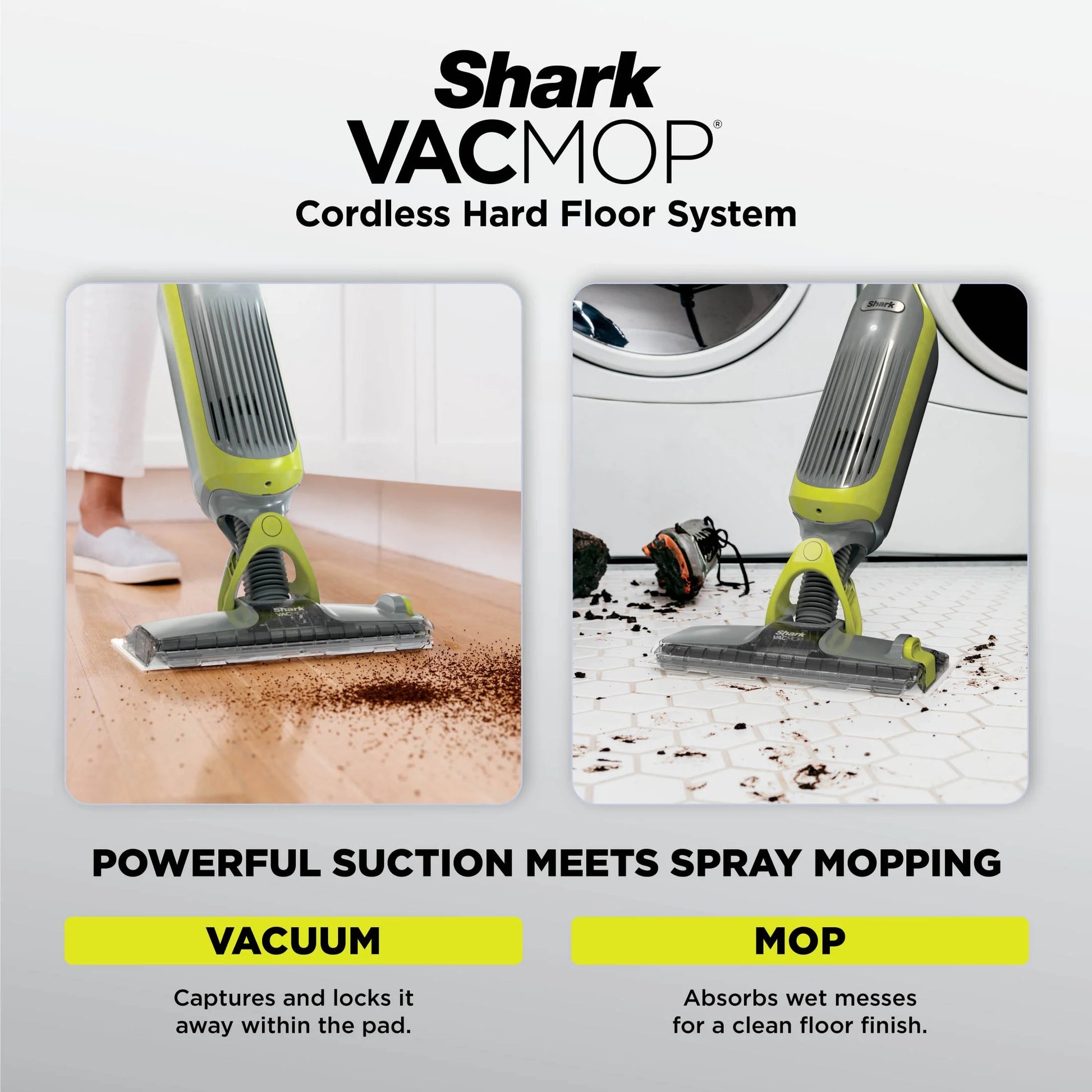 VACMOP Cordless Hard Floor Vacuum Mop, for Tile, Vinyl, Laminate, Wood, with (4) Disposable VACMOP Pads, 12-Oz  Multi-Surface Cleaner, VM200