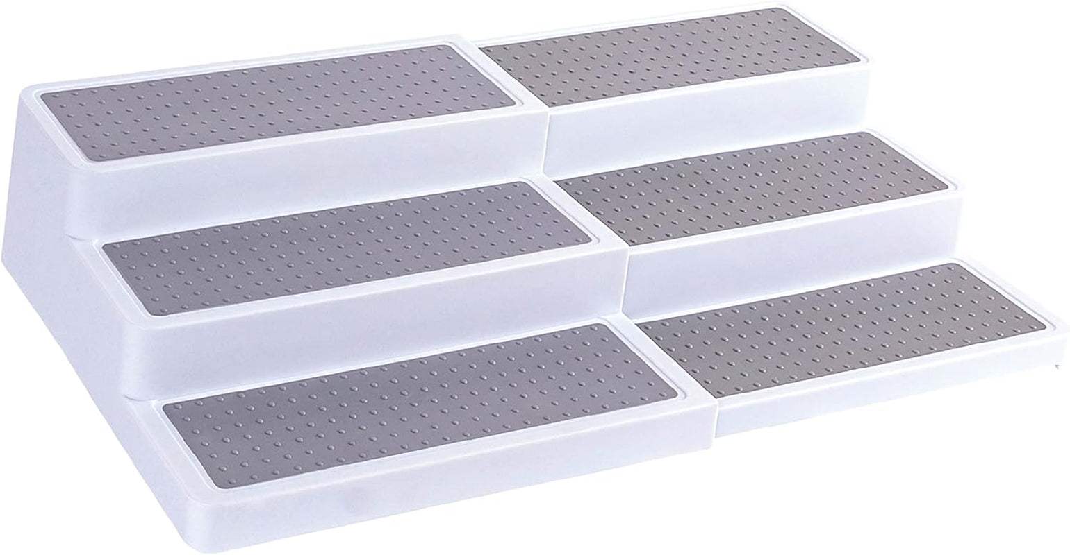 3-tier expandable plastic spice rack with adjustable length and non-skid shelves for kitchen organization