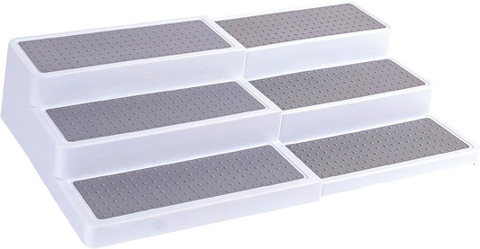 3–Tier Expandable Plastic Spice Rack - Adjustable Length, Stability with Non-Skid Shelf, Three Tiers for Easy Visibility, Organizer for Kitchen Cabinet, Pantry or Countertop, White/Grey