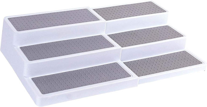 3-tier expandable plastic spice rack with adjustable length and non-skid shelves for kitchen organization