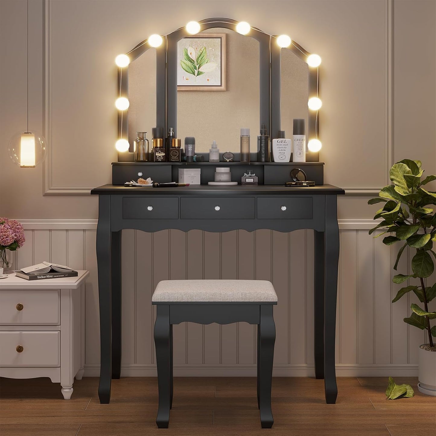 Vanity Desk, Makeup Vanity with Lighted Tri-Fold Mirror and Stool, Vanity Set with 5 Drawers, 3 Light Settings & Adjustable Brightness, Black