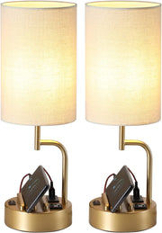Modern gold table lamp with 3 USB charging ports, AC outlet, and phone holders, perfect for bedroom and office use, pack of 2
