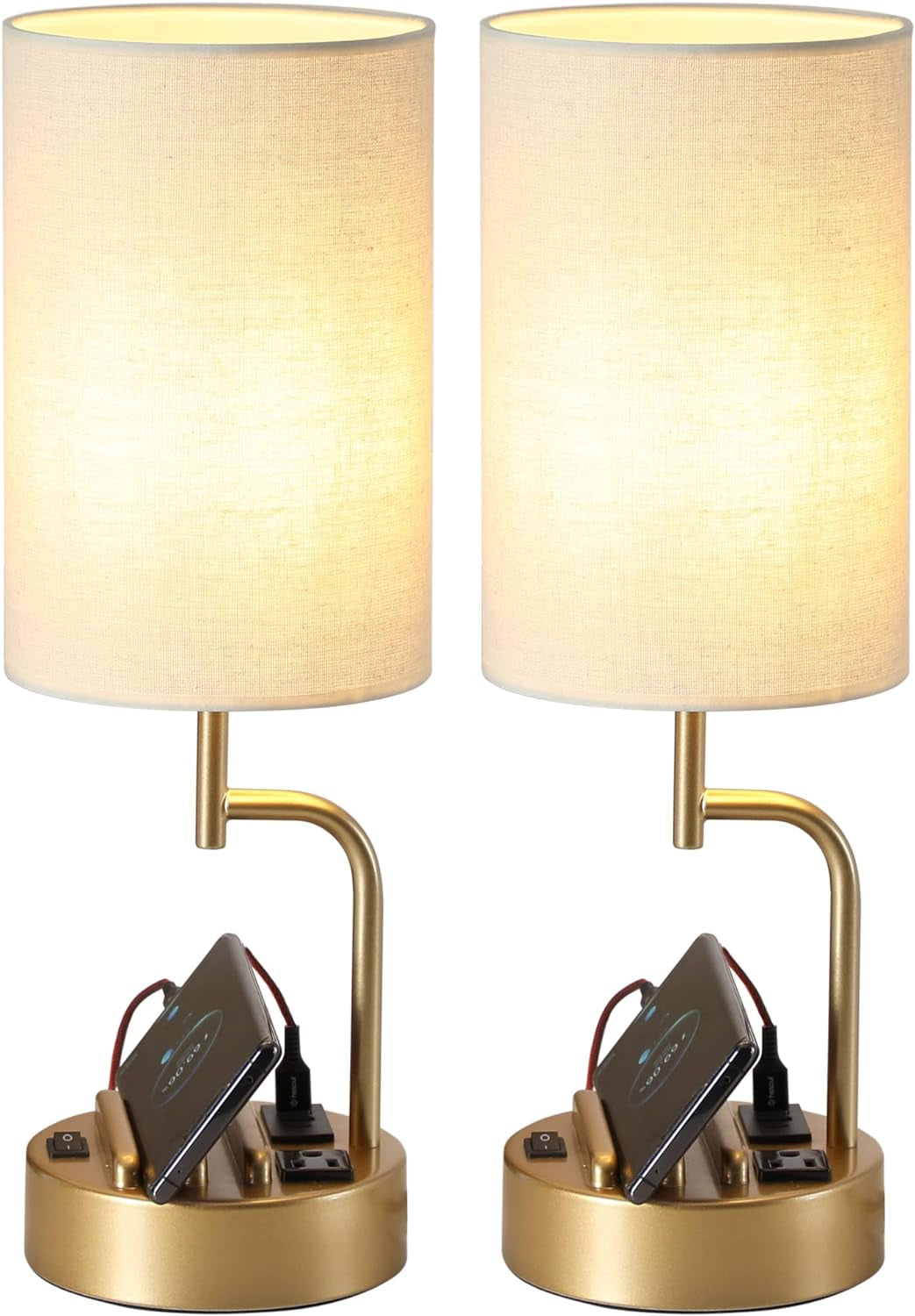 Table Lamp with 3 USB Charging Ports, Modern Desk Lamp with AC Outlet and Phone Stands, Perfect Bedside Lamp for Bedroom, Living Room, Office (Pack of 2), Gold