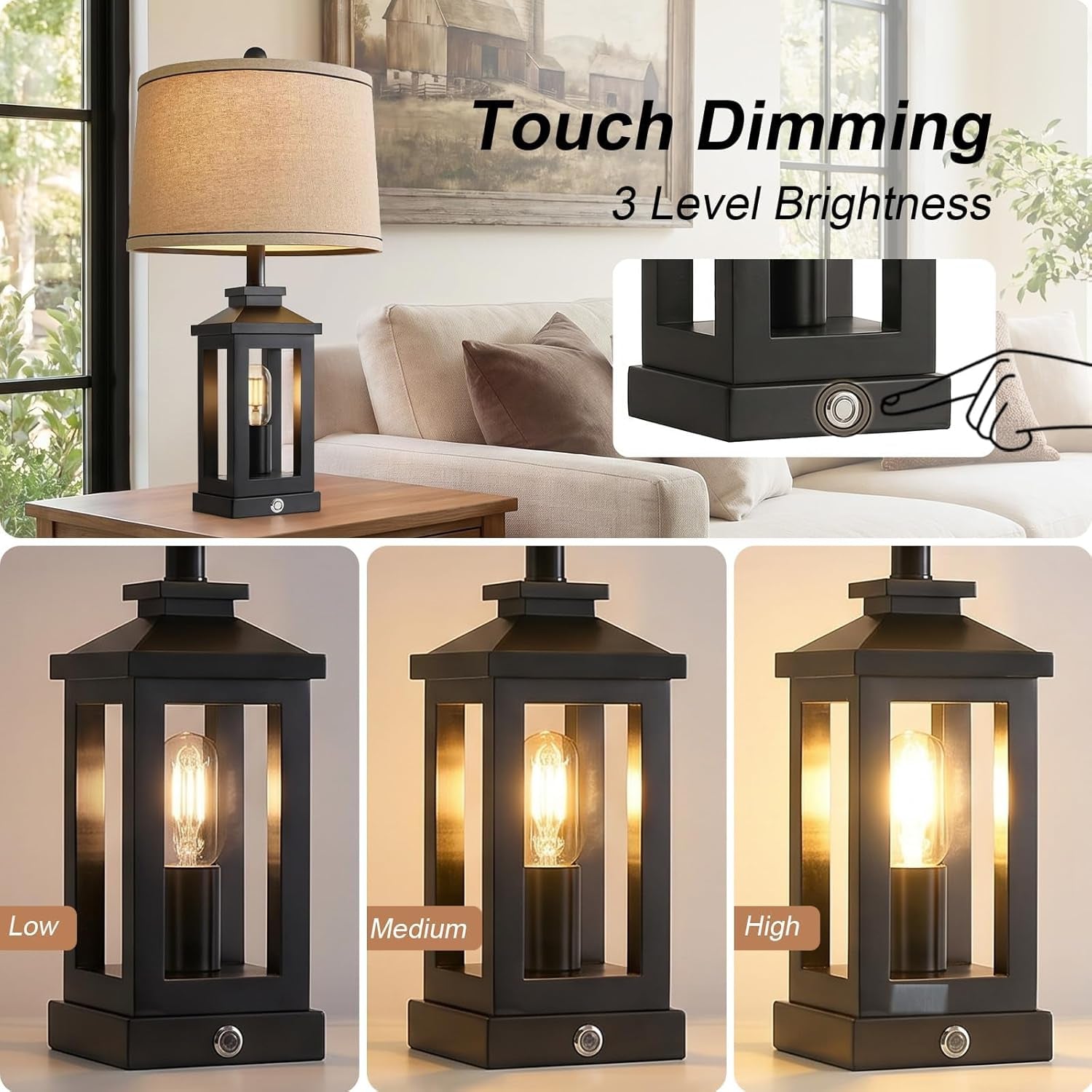 23.75" Retro Farmhouse Black Table Lamp for Living Room Bedroom Nightstand Single Pack Touch Control Bedside Nightlight Vintage Modern Lamp with USB C+A Ports and 2 Light Sources
