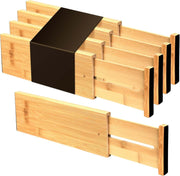 Adjustable bamboo dresser drawer dividers with non-slip pads for organizing utensils and cosmetics in drawers