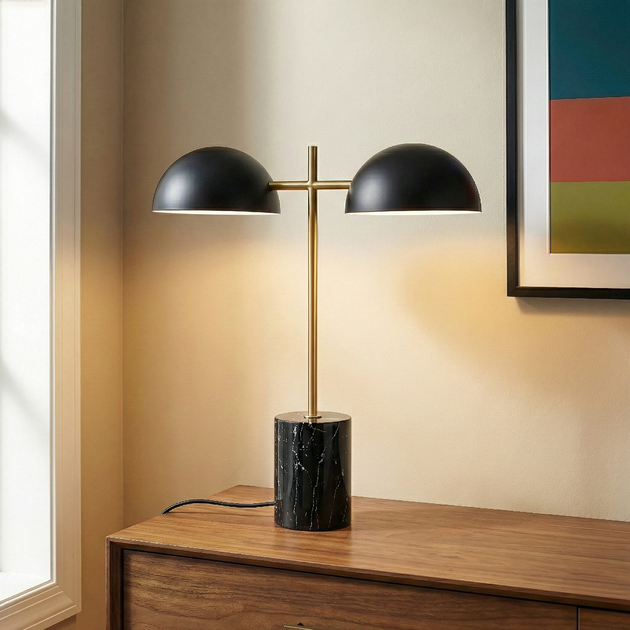 Black table lamp with double light bulbs, faux marble base, and on/off switch for living room or office desk