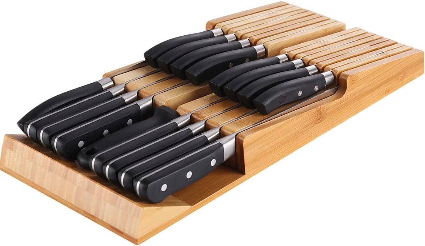 Bamboo in-drawer knife block with detachable slots and multiple compartments for safe knife storage and easy cleaning