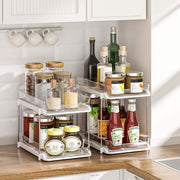 2-Tier Multi-Purpose Bathroom under Sink Organizers and Storage, Stackable Kitchen Pantry Organization, Pull Out Medicine Cabinet Organizer with Movable Dividers, White, 2 Pack