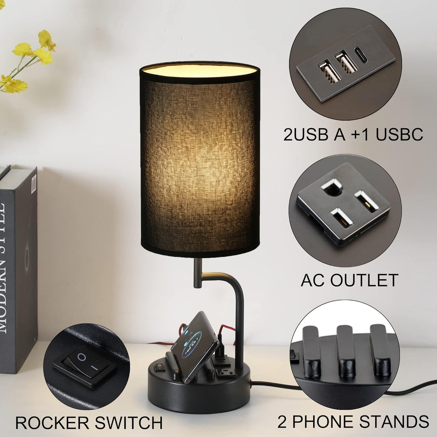 Table Lamp with 3 USB Charging Ports, Modern Desk Lamp with AC Outlet and Phone Stands, Perfect Bedside Lamp for Bedroom, Living Room, Office (Pack of 2), Black