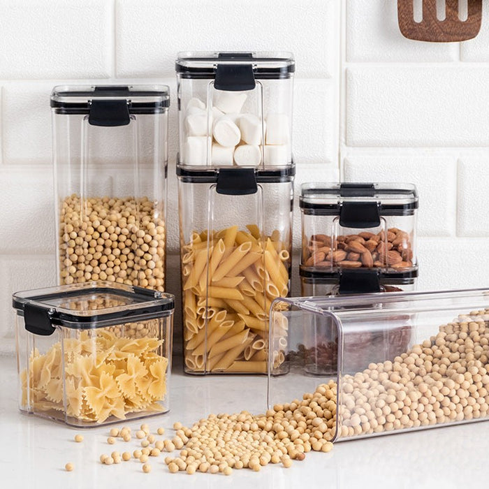 Transparent PET grain box with black lid in multiple square sizes