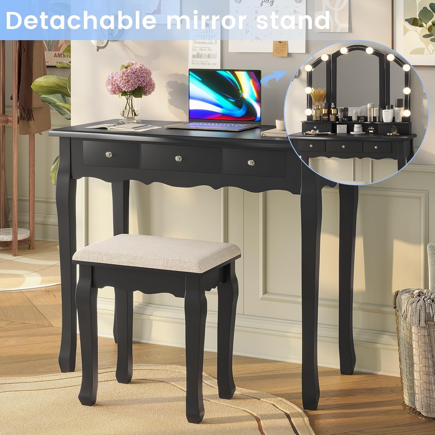 Vanity Desk, Makeup Vanity with Lighted Tri-Fold Mirror and Stool, Vanity Set with 5 Drawers, 3 Light Settings & Adjustable Brightness, Black