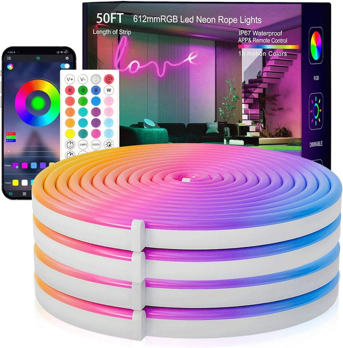 Neon Rope Lights, 50FT RGB LED Strip Lights, Waterproof IP67 LED Lights for Bedroom, DIY Design, Music Sync, 44 Key Remote Control, Multiple Modes for Bedroom, Holiday Decoration