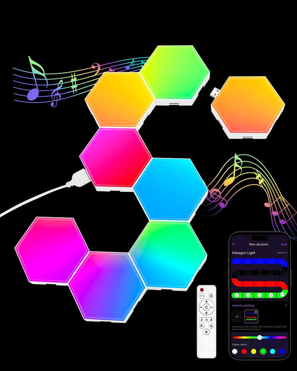 Hexagon LED Light Panels 8 Pack – RGB Wall Decor Lights with Music Sync, App & Remote