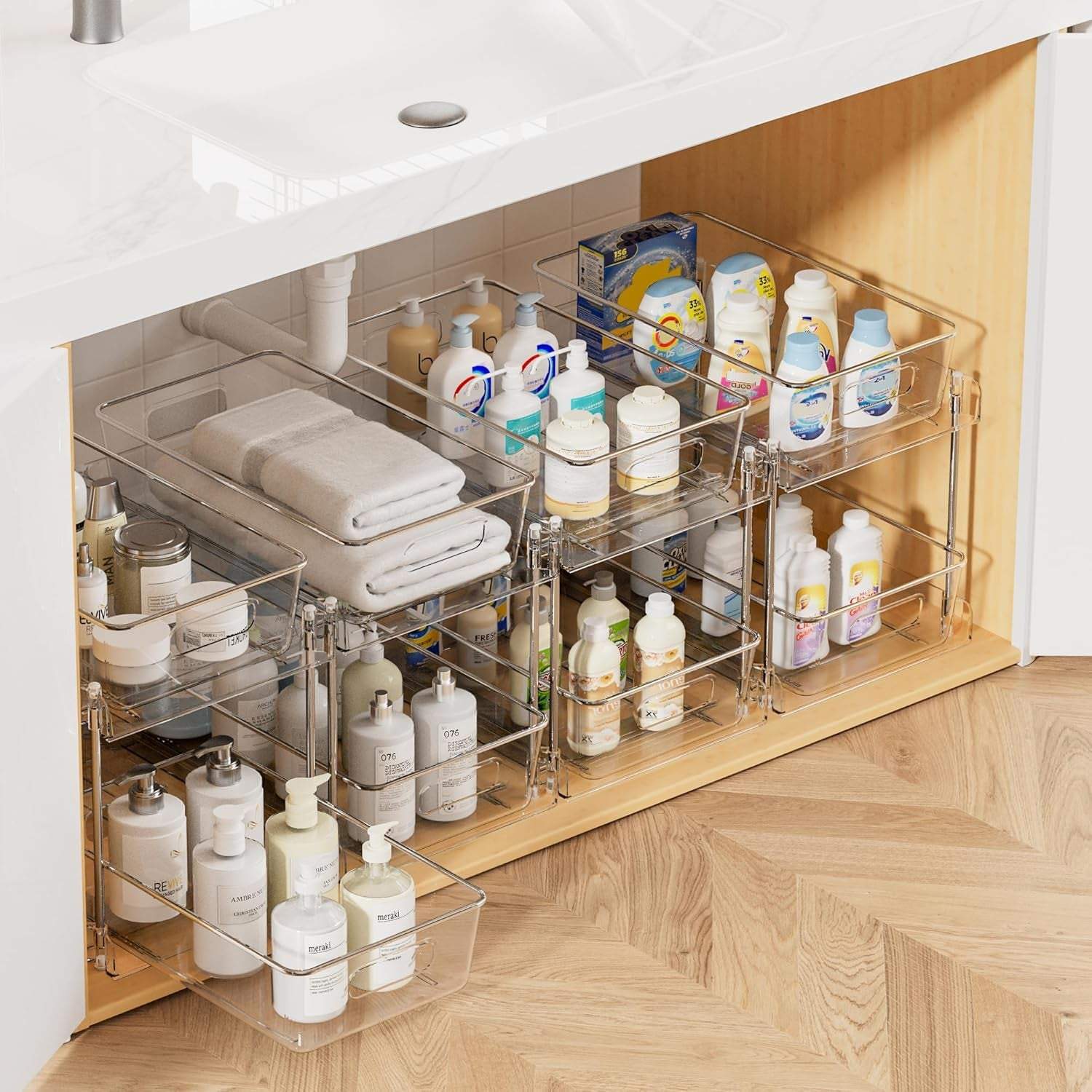 Clear 2-tier pull-out bathroom under sink organizer with stainless steel frame and silicone pads for stable storage