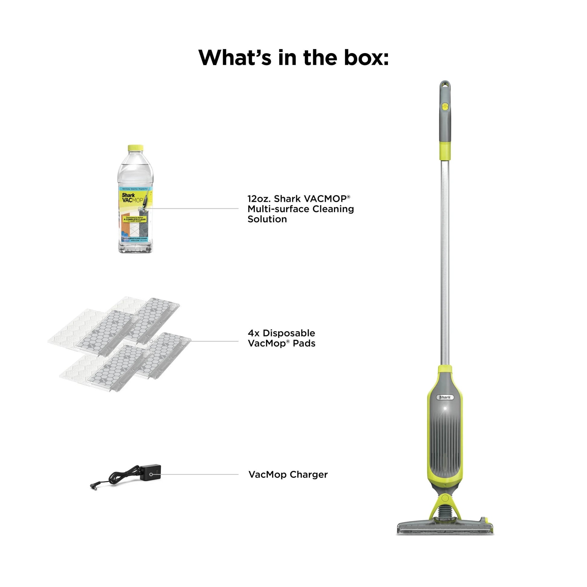 VACMOP Cordless Hard Floor Vacuum Mop, for Tile, Vinyl, Laminate, Wood, with (4) Disposable VACMOP Pads, 12-Oz  Multi-Surface Cleaner, VM200