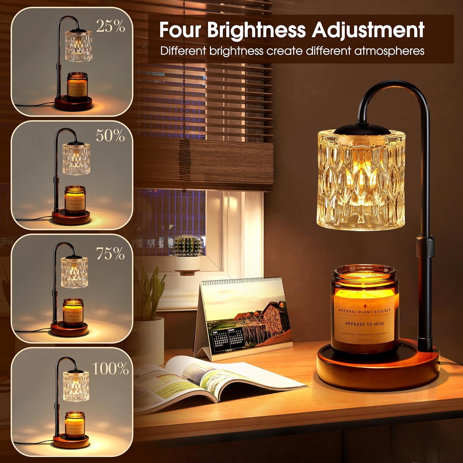Dimmable Candle Warmer Lamp with Timer, Height Adjustable Electric Candle Wax Warmer, Christmas Birthday Gifts for Women Mom, House Warming Gifts New Home Room Decor, Walnut Solid Wood Base