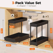 3 Pack Multi-Purpose Pull-Out Storage Organizers, 2-Tier L-Shaped under Sink/Cabinet Organizers and Storage for Bathroom & Kitchen, (Black, 12.85 Inches)