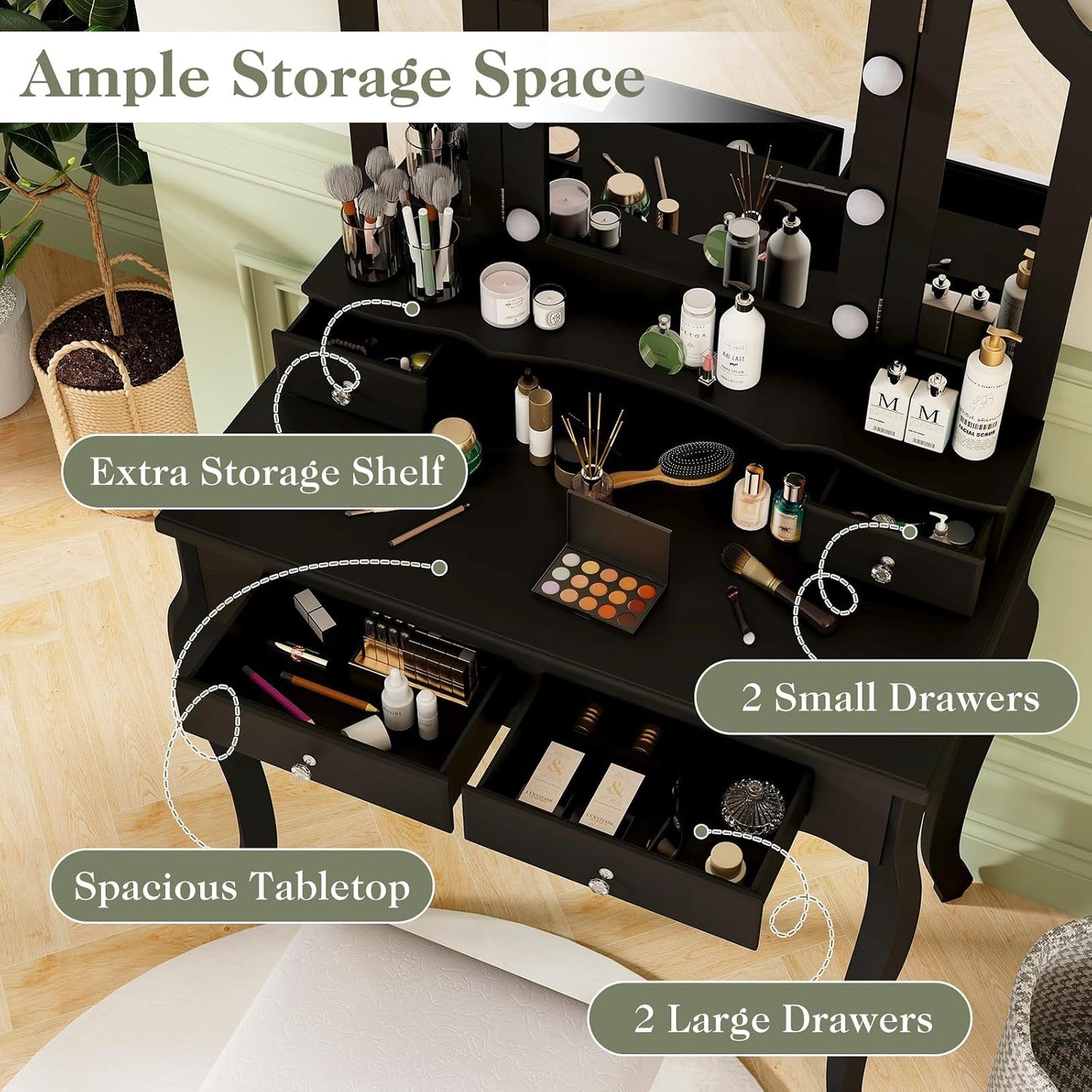 Vanity Desk with Lights - Makeup Vanity Table with Tri-Fold Mirror, 10 Adjustable Hollywood LED Lights, 4 Storage Drawers, Bedroom Makeup Dressing Table with Lighted Mirror and Stool (Black)