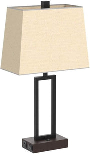 Table Lamp for Bedroom Set of 2 with 2 USB Ports and AC Power Outlet, 23.5" Modern Bedside Lamp, Wood Nightstand Lamp with Linen Shade for Living Room Hotel Desk(Led Bulb Included)