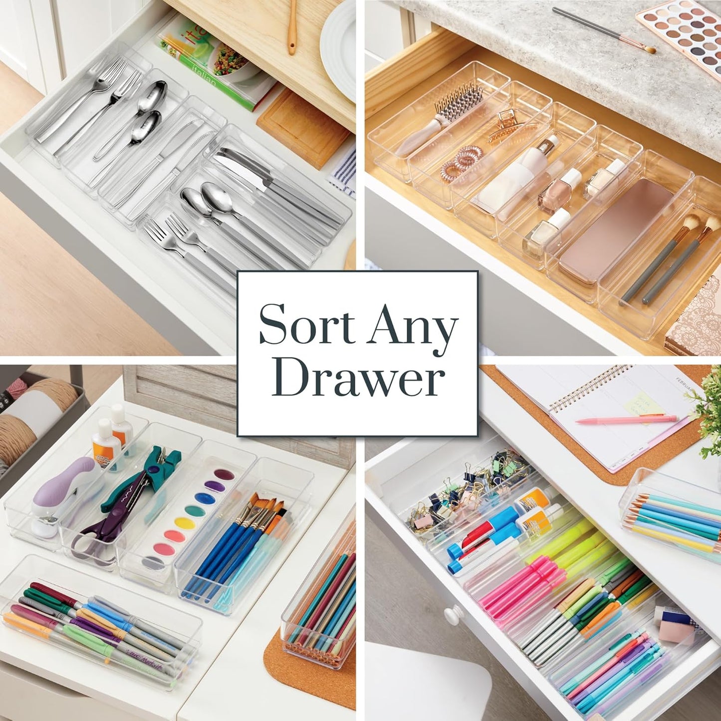 Simplesort 6-Piece Stackable Clear Drawer Organizer Set | 9" X 3" X 2" Rectangle Trays | Narrow Makeup Vanity Storage Bins and Office Desk Drawer Dividers | Made in USA
