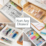 Simplesort 6-Piece Stackable Clear Drawer Organizer Set | 9" X 3" X 2" Rectangle Trays | Narrow Makeup Vanity Storage Bins and Office Desk Drawer Dividers | Made in USA