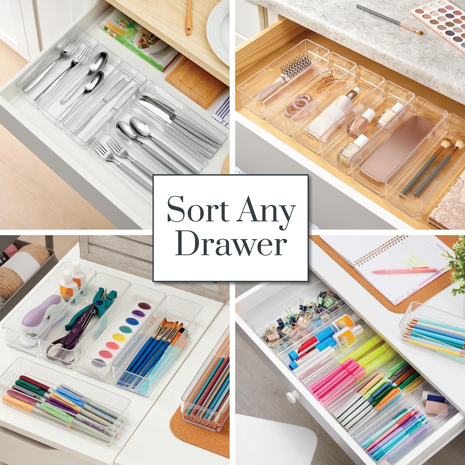 Simplesort 6-Piece Stackable Clear Drawer Organizer Set | 9" X 3" X 2" Rectangle Trays | Narrow Makeup Vanity Storage Bins and Office Desk Drawer Dividers | Made in USA