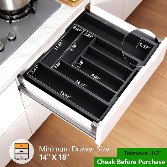 Bamboo Expandable Drawer Organizer for Utensils Holder, Adjustable Cutlery Tray, Wood Drawer Dividers Organizer for Silverware, Flatware, Knives in Kitchen, Bedroom, Living Room (Black)