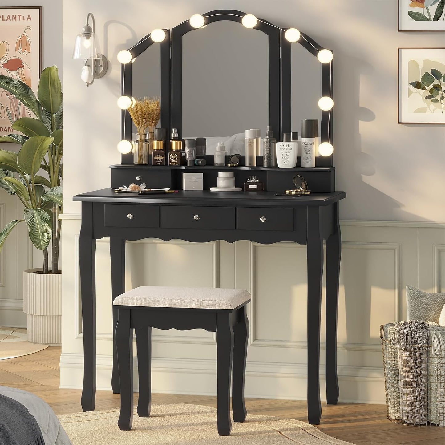 Vanity Desk, Makeup Vanity with Lighted Tri-Fold Mirror and Stool, Vanity Set with 5 Drawers, 3 Light Settings & Adjustable Brightness, Black