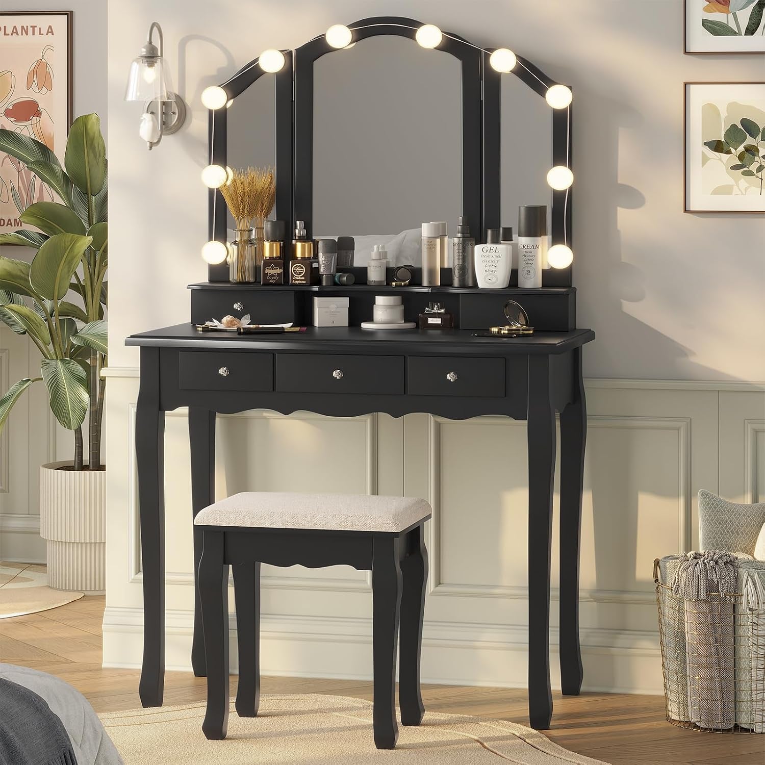 Vanity Desk, Makeup Vanity with Lighted Tri-Fold Mirror and Stool, Vanity Set with 5 Drawers, 3 Light Settings & Adjustable Brightness, Black