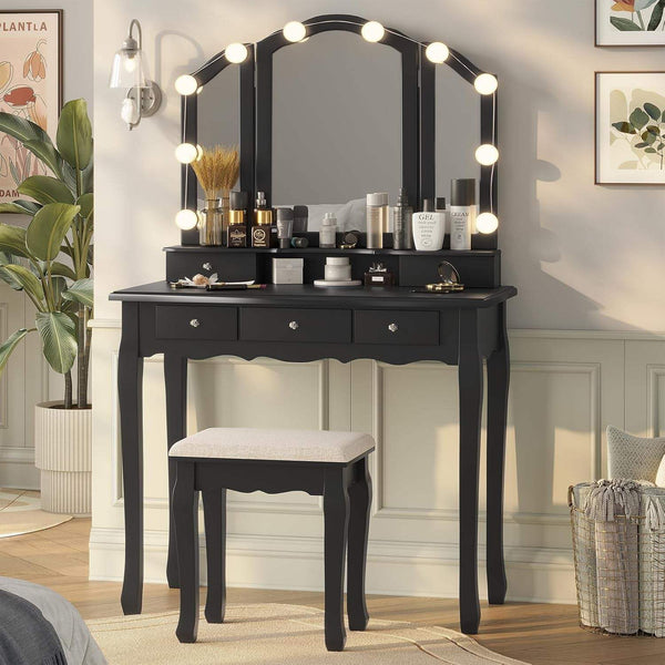 Vanity Desk, Makeup Vanity with Lighted Tri-Fold Mirror and Stool, Vanity Set with 5 Drawers, 3 Light Settings & Adjustable Brightness, Black