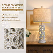 22'' Farmhouse Table Lamp for Living Room, Bedside Lamp with 2 USB Ports for Bedroom, Rustic Nightstand Lamp with Linen Lampshade for Office Hallway Home Decor, Distressed Grey (Bulb Included)