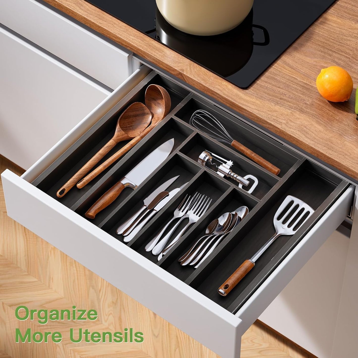 Bamboo Expandable Drawer Organizer for Utensils Holder, Adjustable Cutlery Tray, Wood Drawer Dividers Organizer for Silverware, Flatware, Knives in Kitchen, Bedroom, Living Room (Black)