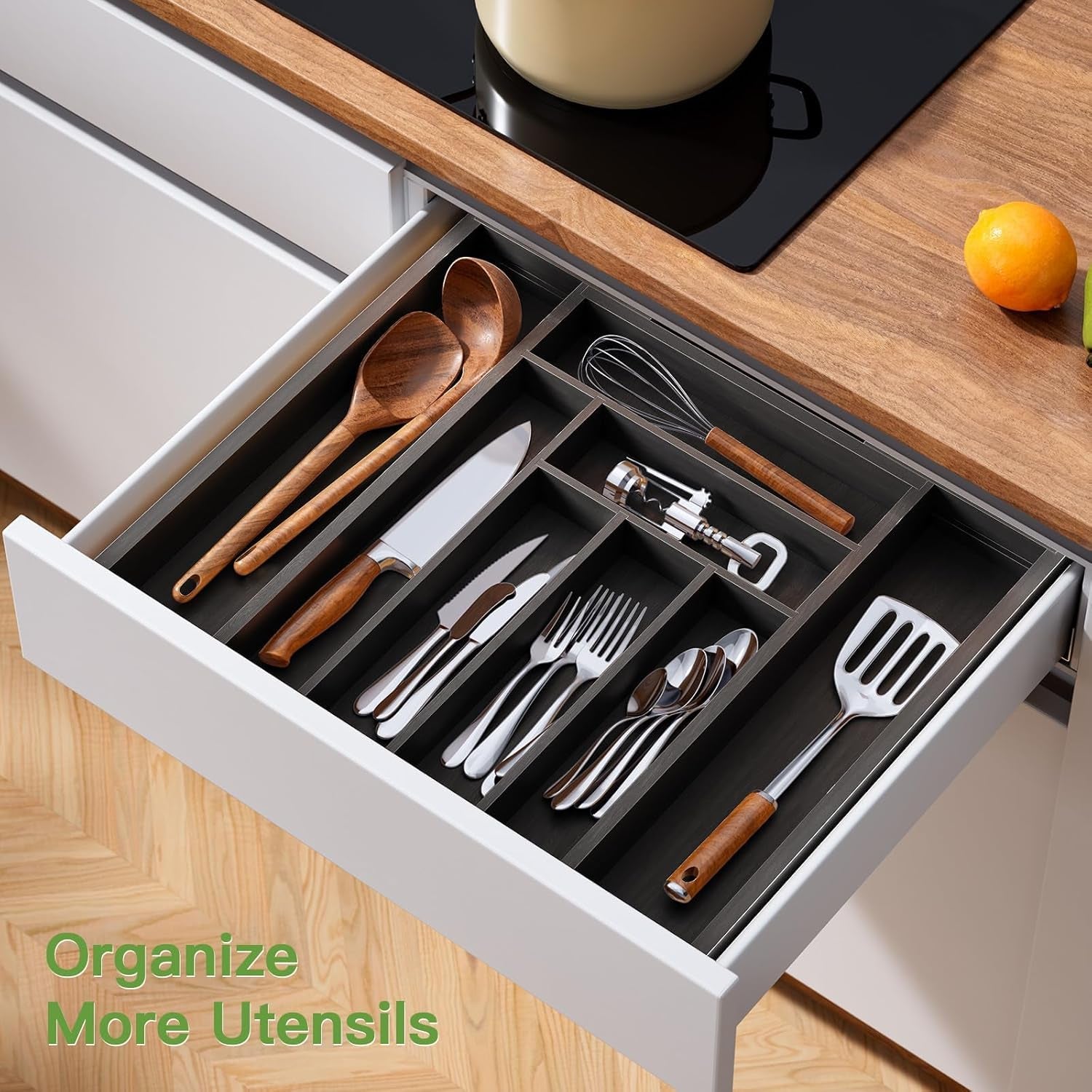 Bamboo Expandable Drawer Organizer for Utensils Holder, Adjustable Cutlery Tray, Wood Drawer Dividers Organizer for Silverware, Flatware, Knives in Kitchen, Bedroom, Living Room (Black)