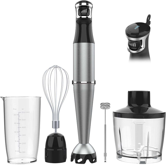 Black immersion blender handheld with cord, variable speed trigger, 1100W motor, and multiple attachments for blending, chopping, whisking, and frothing.