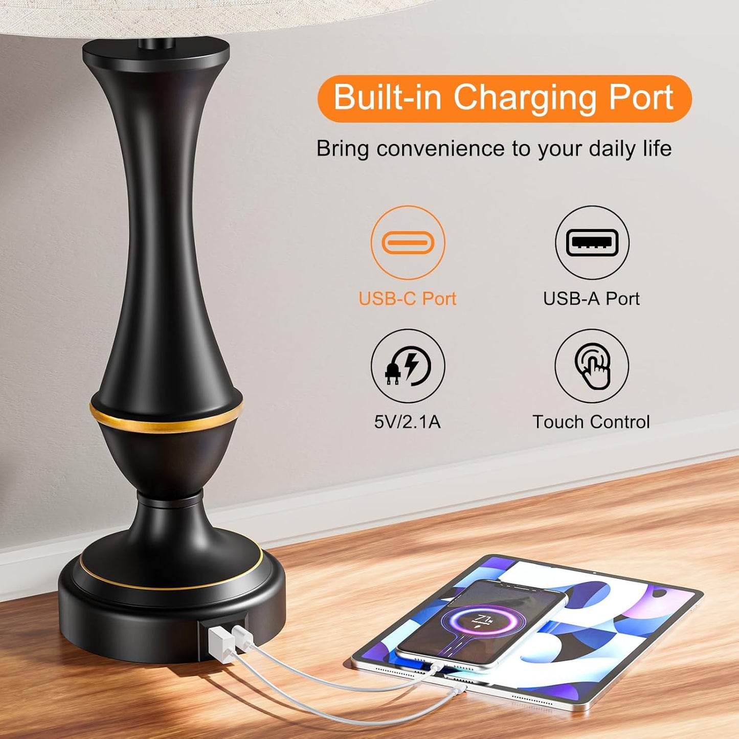 Upgraded Touch Lamps for Night Stands Set of 2 - Bedside Lamps with USB C+A, 3 Way Dimmable for Bedroom Living Room End Tables Office | Touch Control, Dimmable, USB C+A Charging Ports, LED Bulb Included, Corded, Bedside Lamp, Bedroom Lamp, Living Room Office
