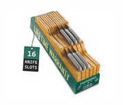 100% pure bamboo in-drawer knife block organizer holding 16 knives in kitchen drawer