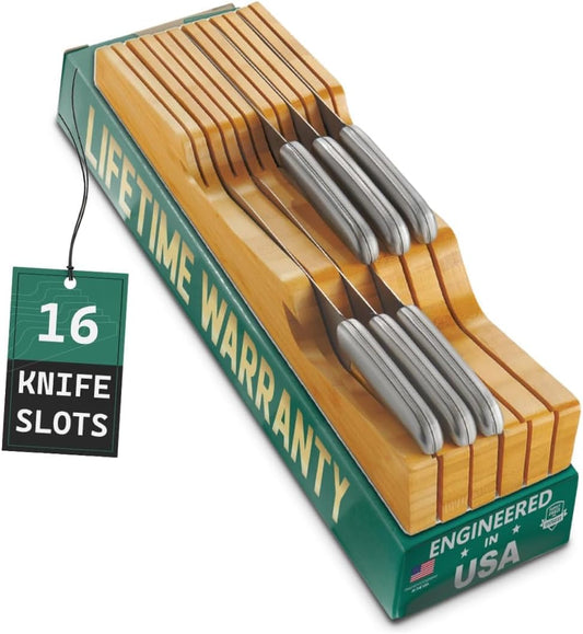 100% Pure Bamboo in Drawer Knife Block | 16 Knife Slots Knife Drawer Organizer | Store Knives Safely with the Blades down | Storage Solution for Your Kitchen | Knife Organizer Drawer Insert