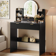 Makeup Vanity Desk with Mirror and Lights, Black Vanity Table with 2 Drawers & Open Storage Shelves, Fluted Vanity Bedroom Makeup Dressing Table Set for Women Girls