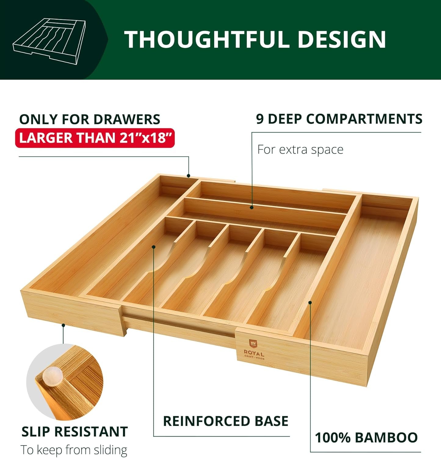 Luxury Bamboo Kitchen Drawer Organizer - Silverware Organizer, Utensil Holder & Cutlery Tray Drawer Dividers for Flatware (9 Slot, Natural)